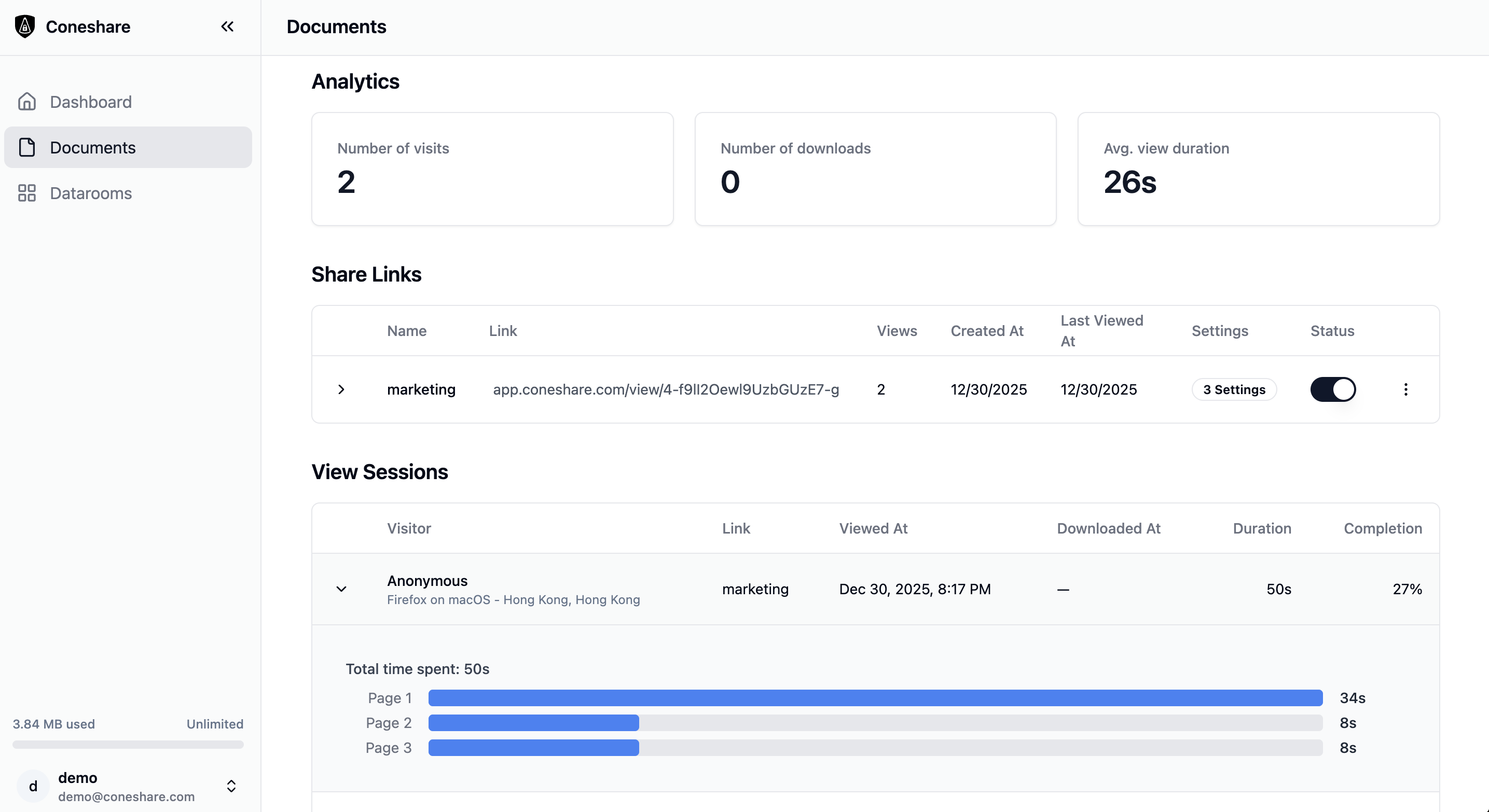 Screenshot of document analytics and viewer insights