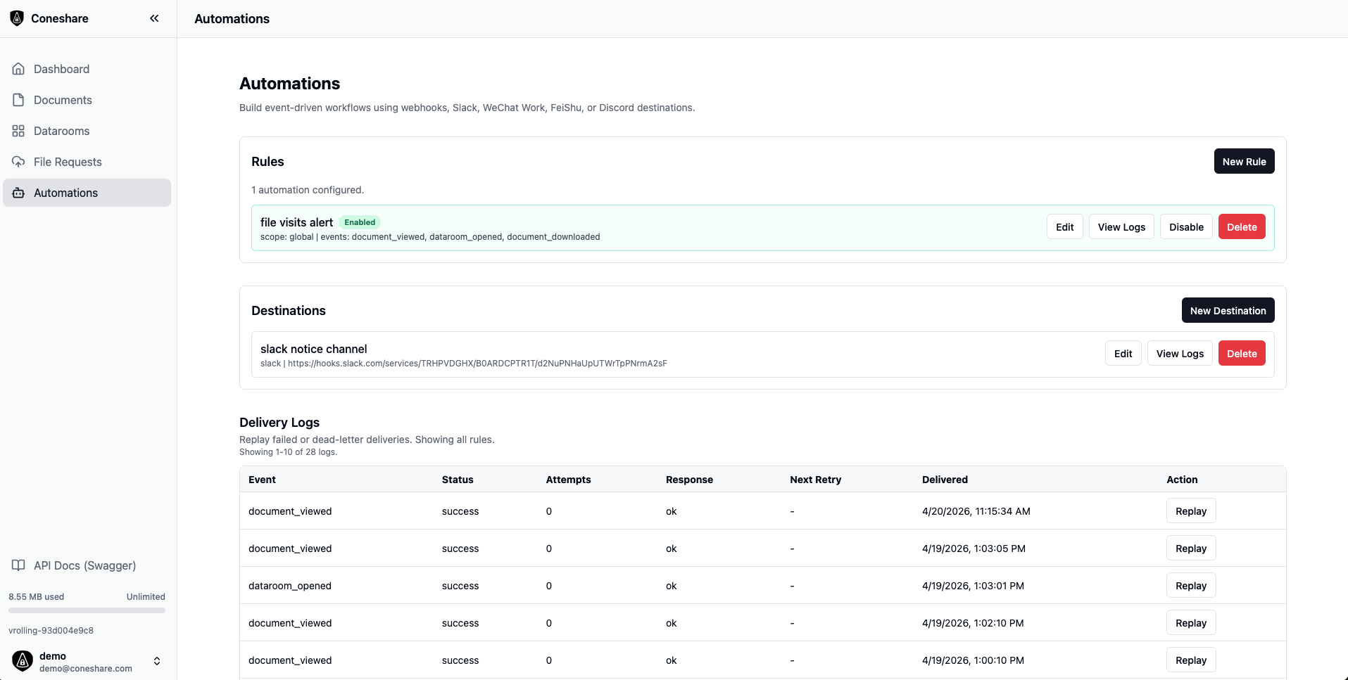 Screenshot of document activities automations