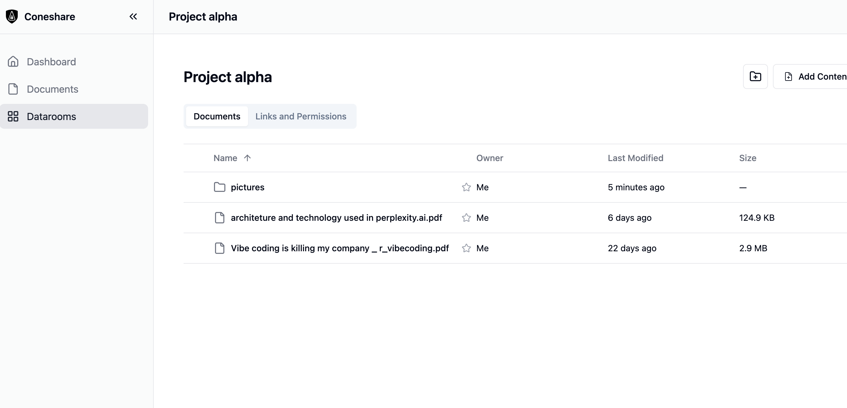 Screenshot of virtual dataroom