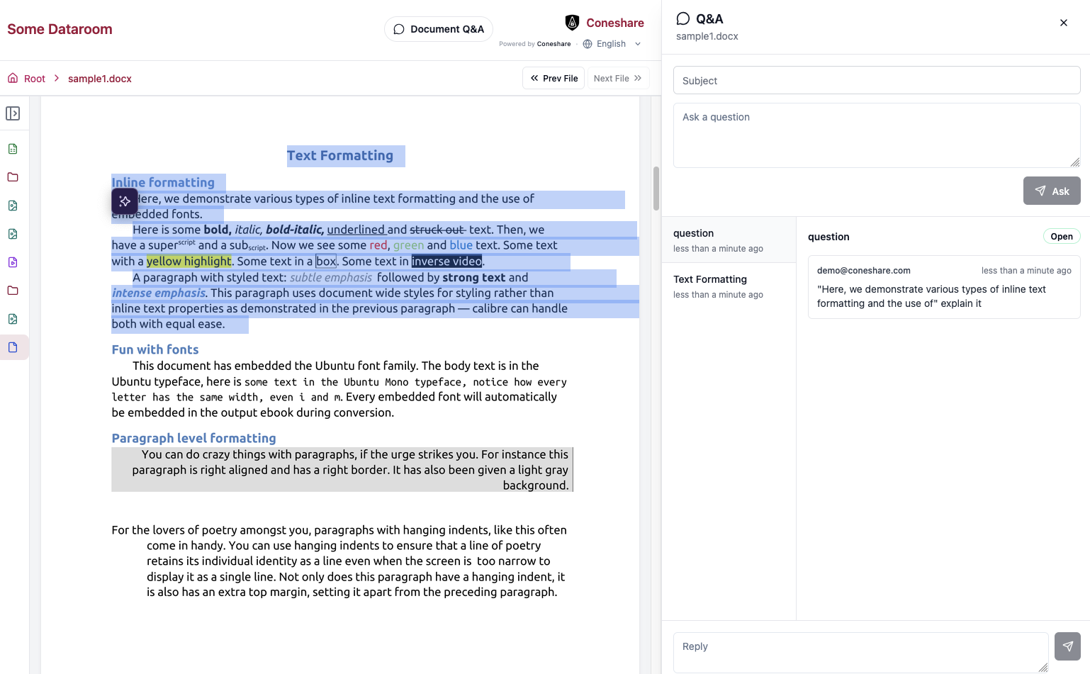 Q&A management dashboard with status tracking and thread replies
